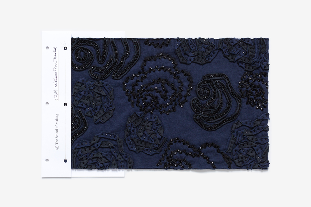 Kristina's Rose Fabric Swatch in Navy/Navy Extra-Long Staple Cotton Jersey with Black and Navy Appliqué and Beading from The School of Making's August 2022 Swatch of the Month