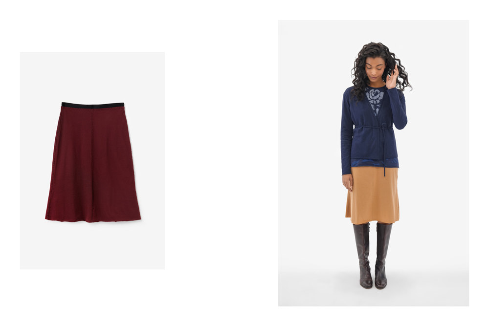 Alabama Chanin Helton Skirt in Plum Cotton Jersey and styled on a model in Camel