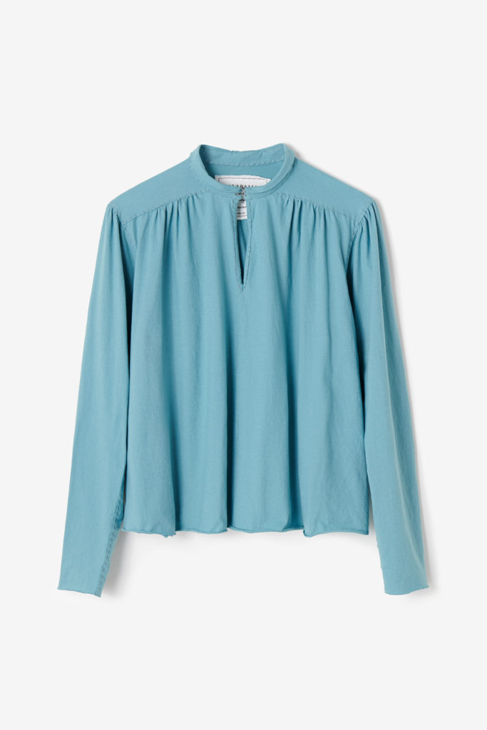 Alabama Chanin The Ines Top with Long Sleeves and Keyhole Neckline in Wave Blue Lightweight Cotton