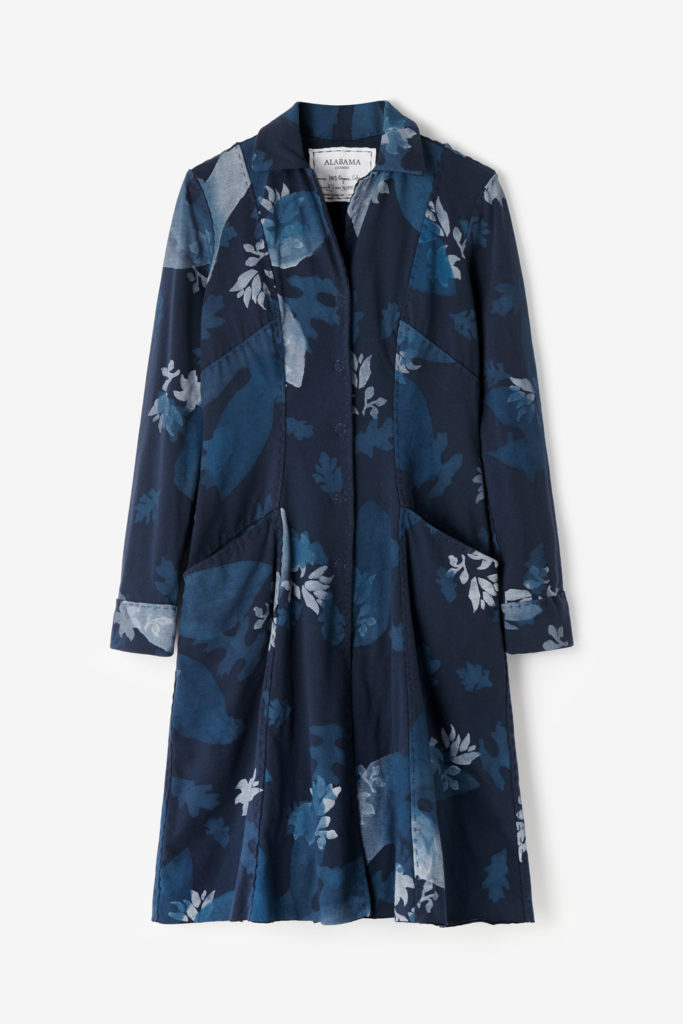 Alabama Chanin The Marin Coat in Navy Organic Cotton in the Hand-Painted Wind Design