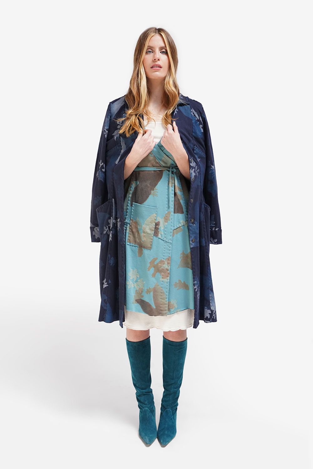Alabama Chanin The Marin Coat and Fisher Dress in Hand-Painted Wind Design Styled with the Organic Cotton Rib Slip Dress from the Alabama Chanin New Wind + Wave Collection