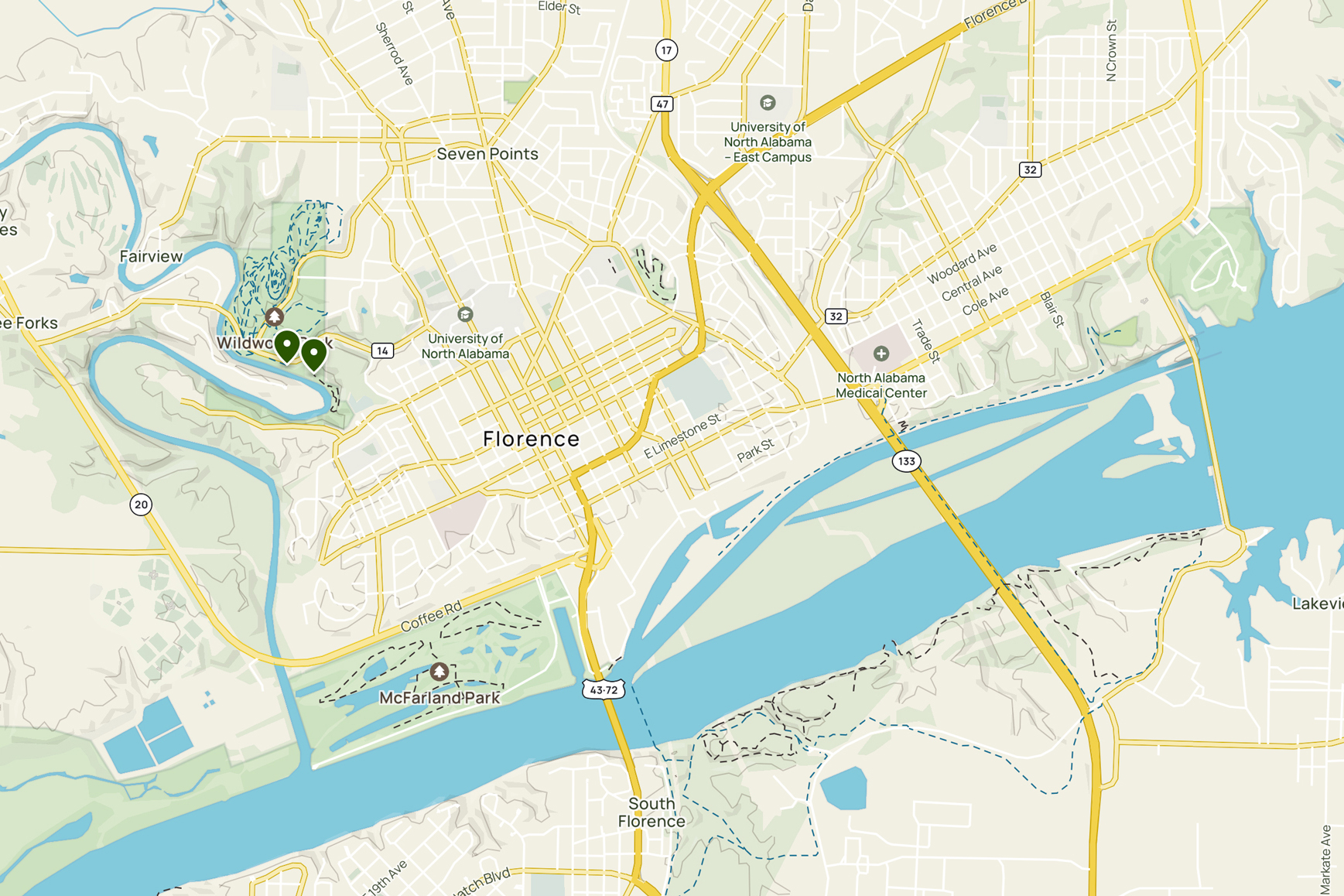 A map of the Florence, Alabama, area, focused on Wildwood Park. Screenshot taken from AllTrails.