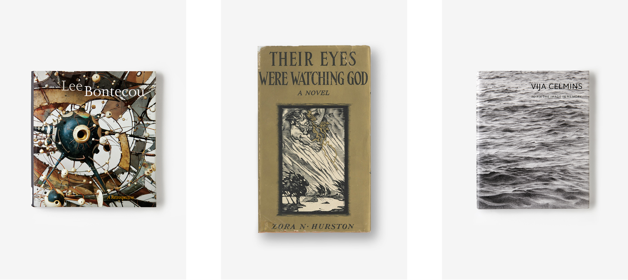 Three books: A Retrospective by Lee Bontecou, Their Eyes Were Watching God by Zora Neale Hurston, and To Fix the Image in Memory by Vija Celmins.
