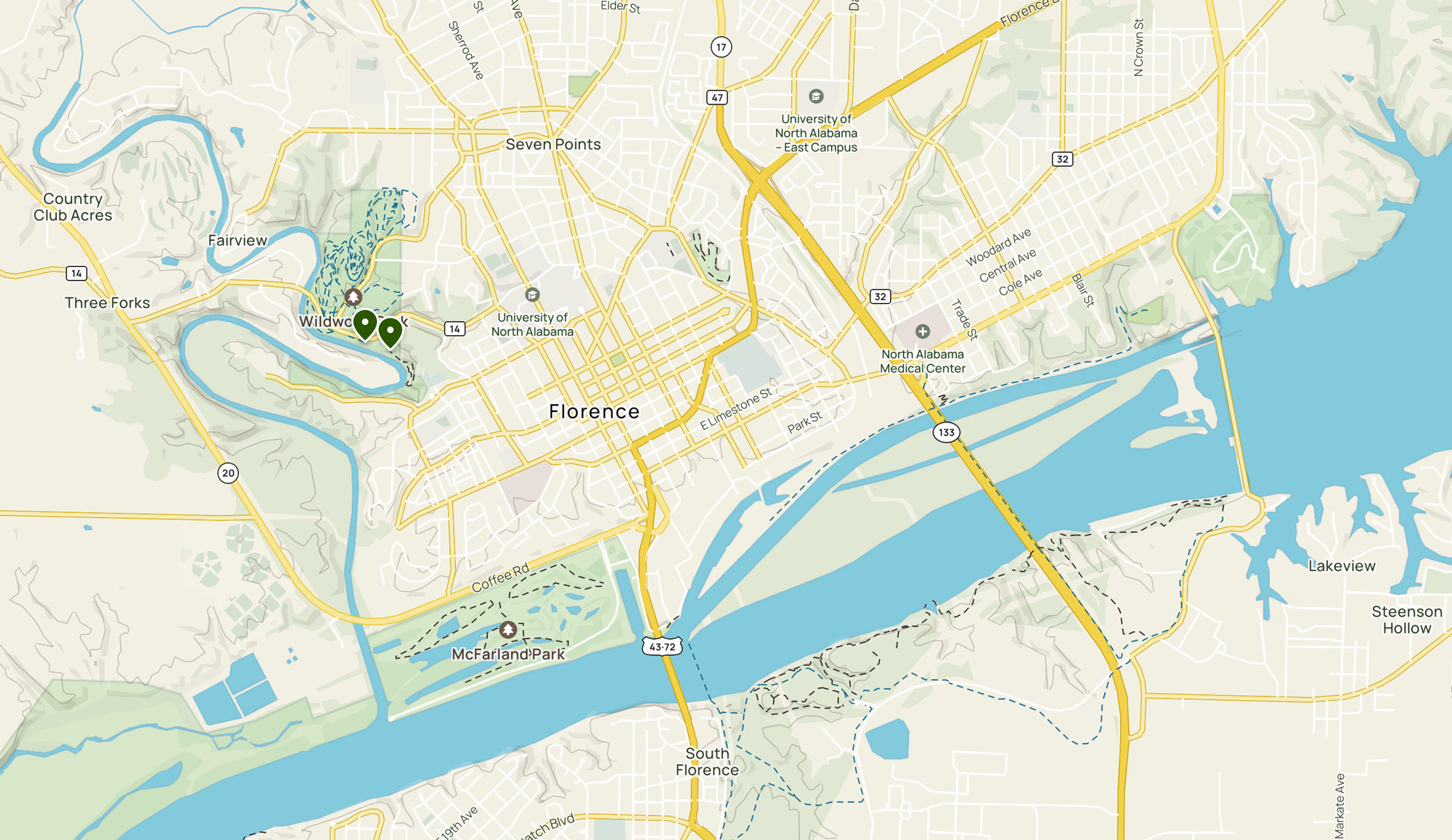 An overhead map of Wildwood Park in Florence, Alabama.