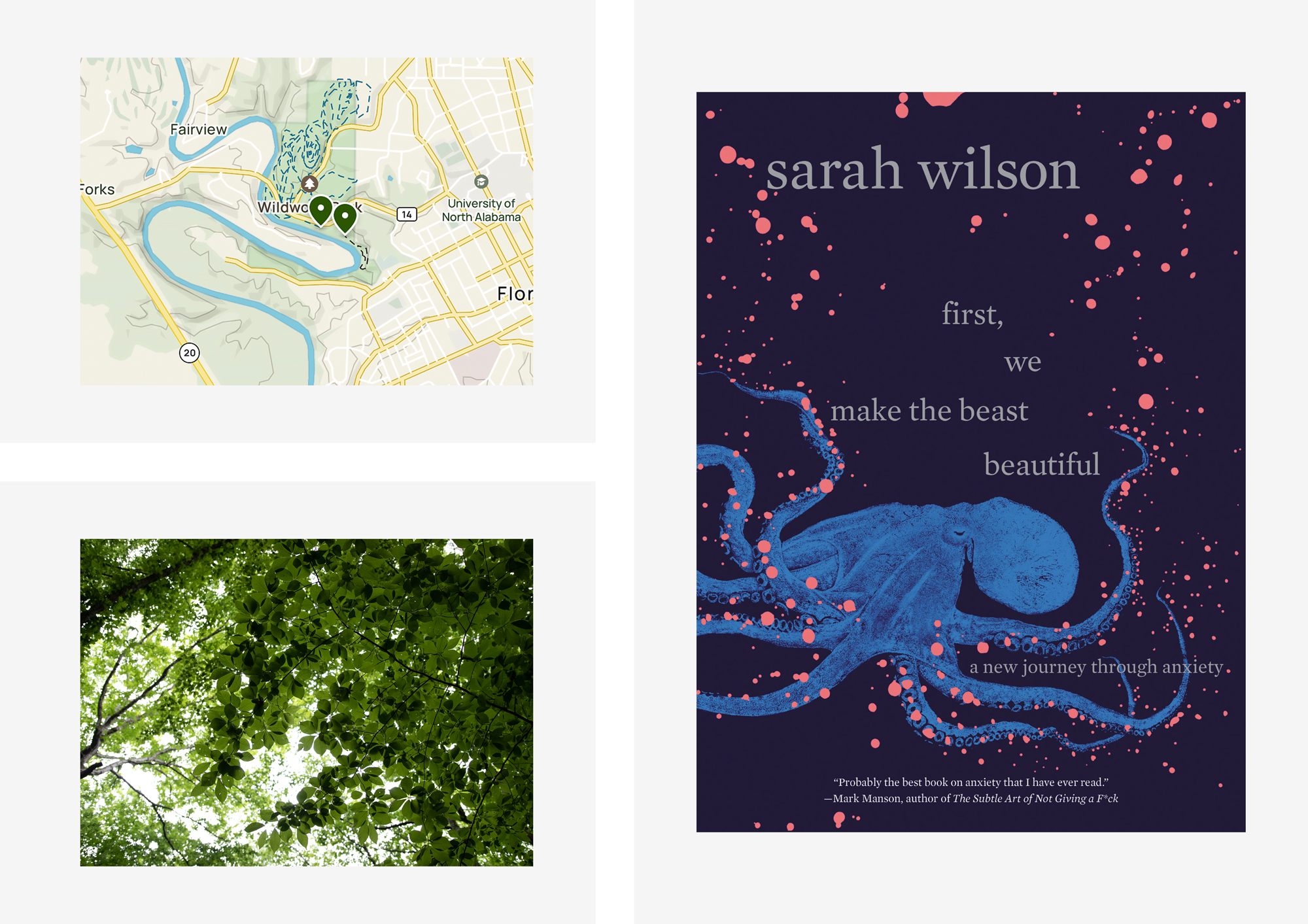 Collage of a map of Wildwood Park, an image of green tree branches, and the cover of Sarah Wilson's book "First, We Make the Beast Beautiful."