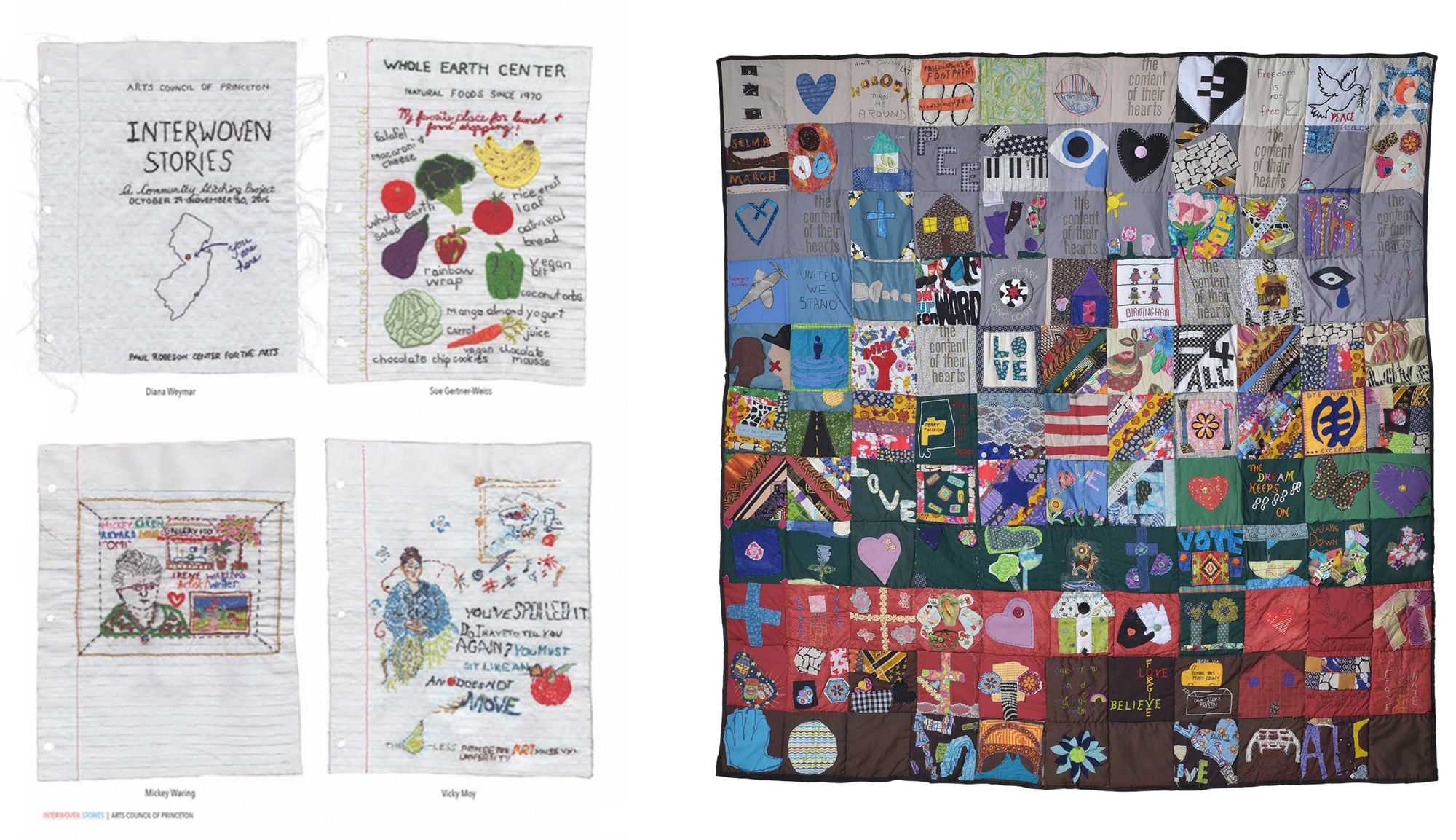 Various fabric pieces that look like pages with hand-stitched designs on them; a March Quilt from Bib and Tucker Sew-Op in Birmingham, Alabama.