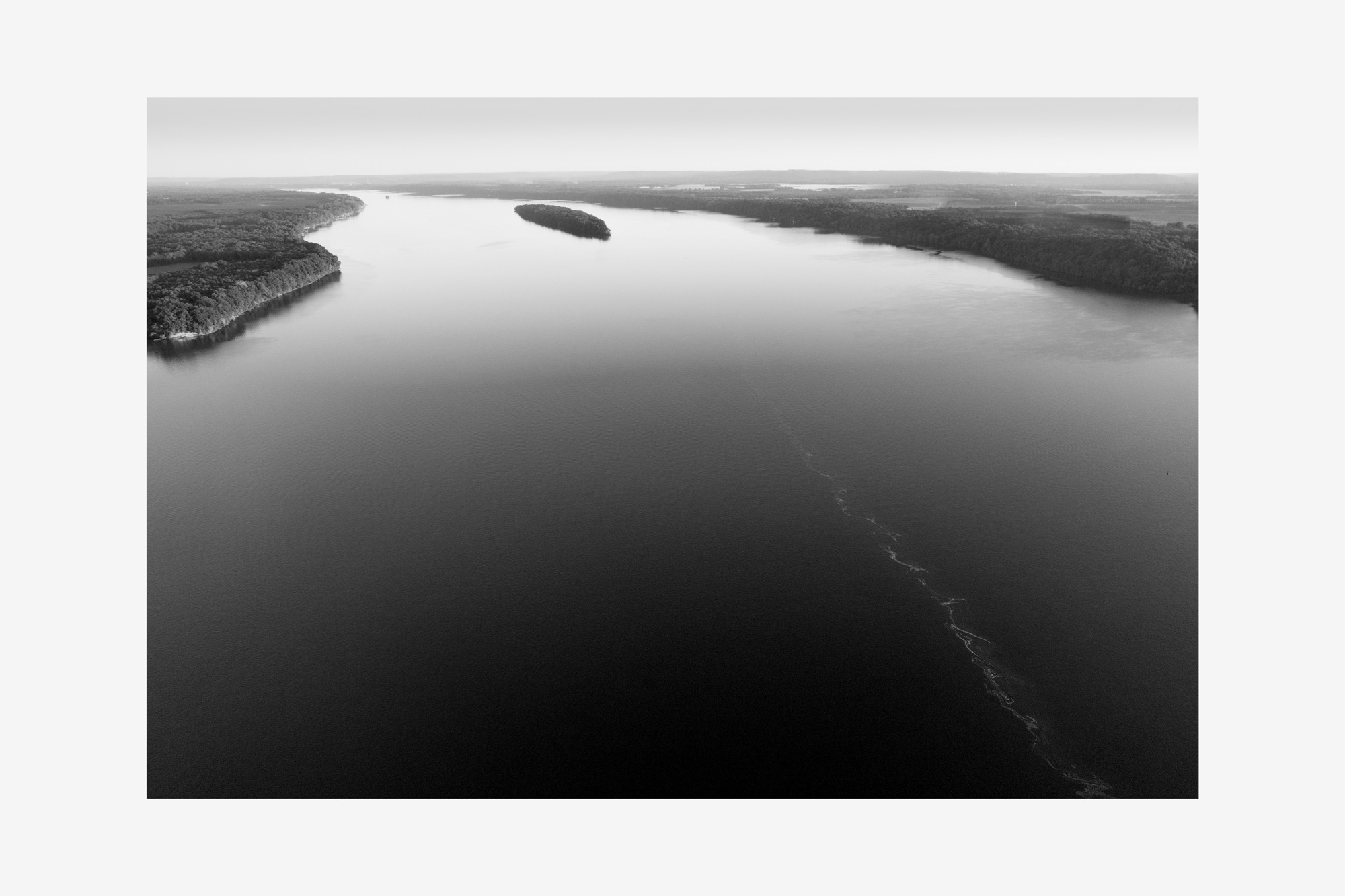 Black and white photo aerial photo of the Tennessee River in Alabama.