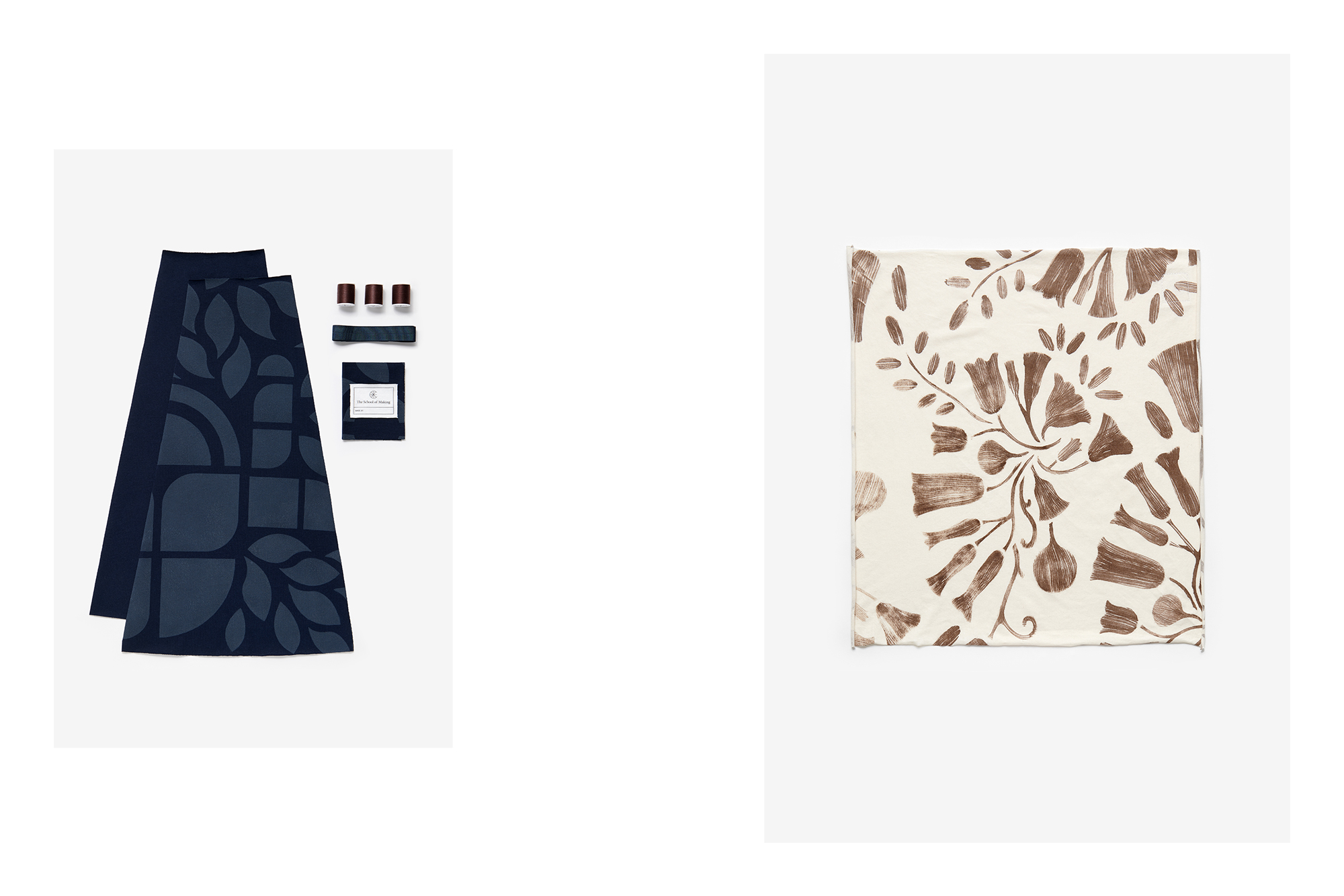 Contents of the Swing Skirt in Navy Abstract, and the Noto Bandana in Natural.