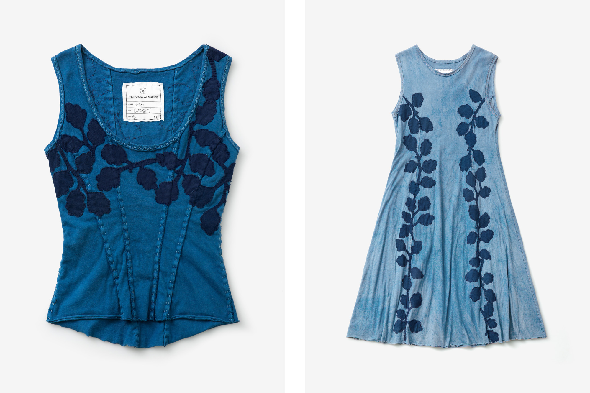 The indigo corset kit and indigo factory dress kit with new leaves appliqué.