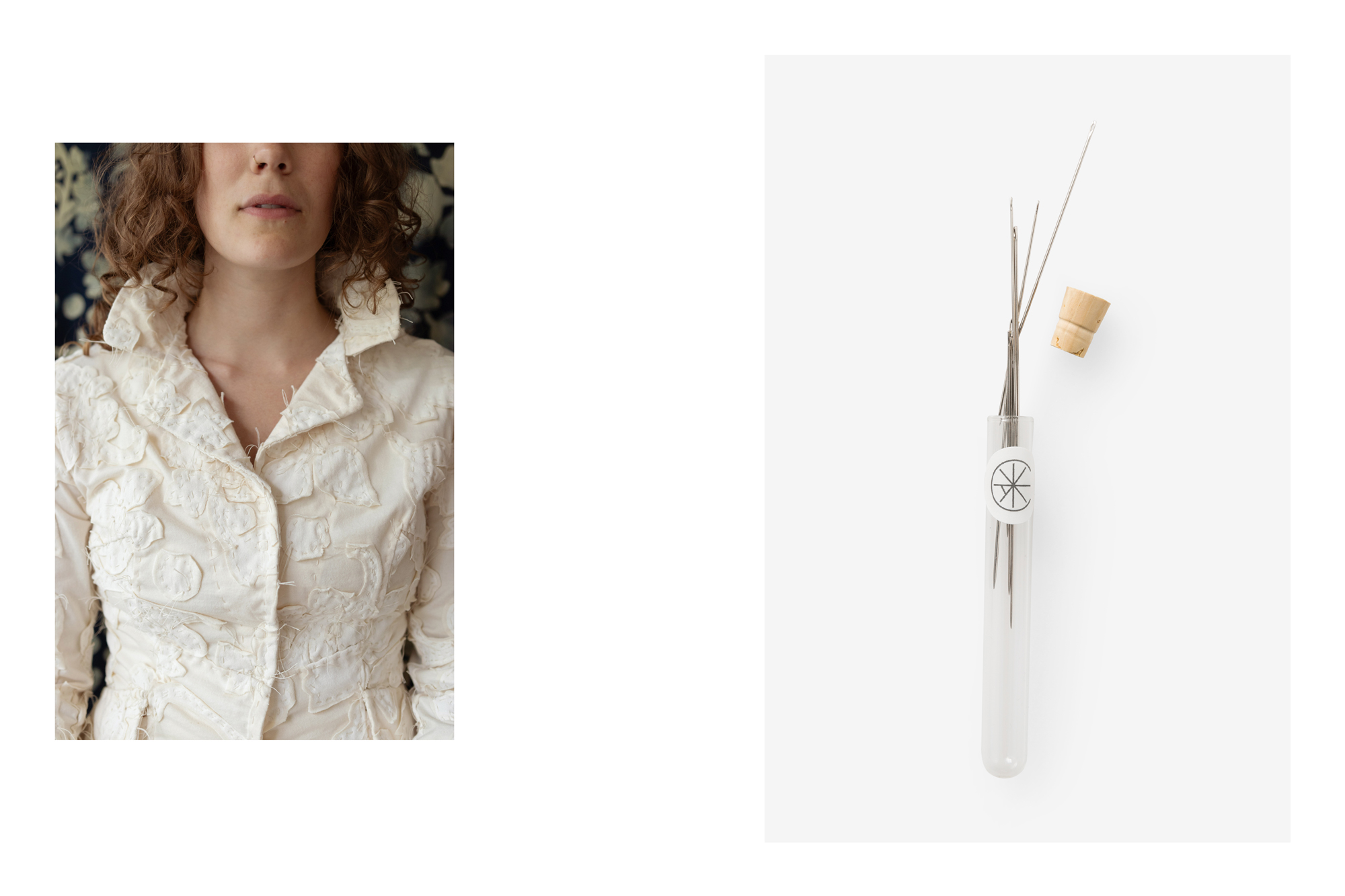 The Betsey Blazer in Natural and a vial of hand-sewing needles.